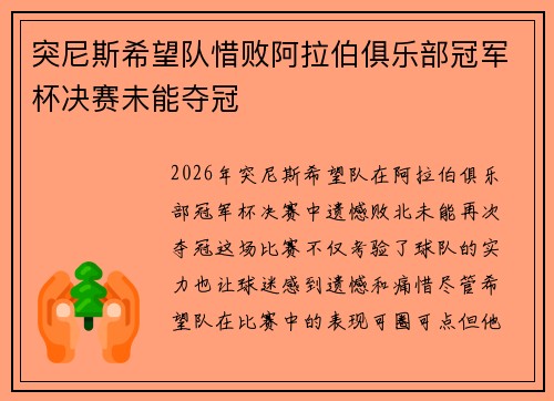 突尼斯希望队惜败阿拉伯俱乐部冠军杯决赛未能夺冠