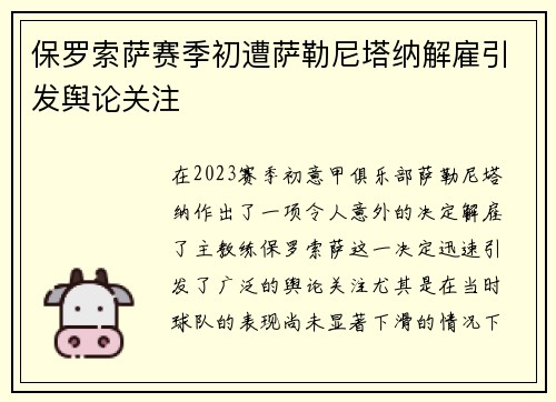 保罗索萨赛季初遭萨勒尼塔纳解雇引发舆论关注 保罗索萨赛季初遭萨勒尼塔纳解雇引发舆论关注